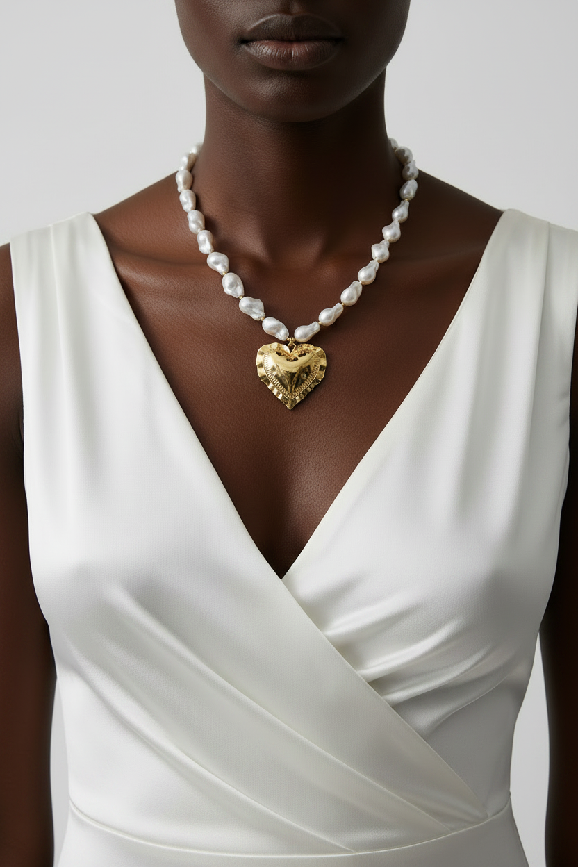 Haly - Collier de perles écrasées avec pendentif cœur en acier inoxydable